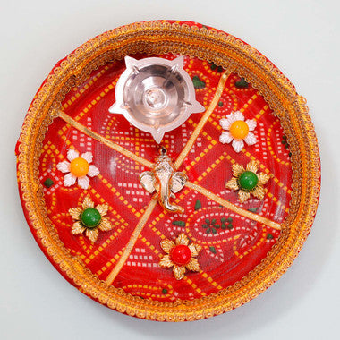 Bandhani Diwali Thali with Diyas & Soan Papdi