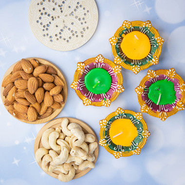 Colorful Diyas with Dry Fruits