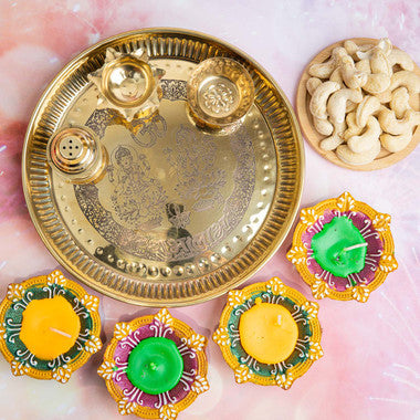 Brass Pooja Thali with Cashews & Colorful Diyas