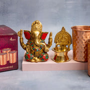 Brass Ganesha & Laxmi Diya with Copper Glasses