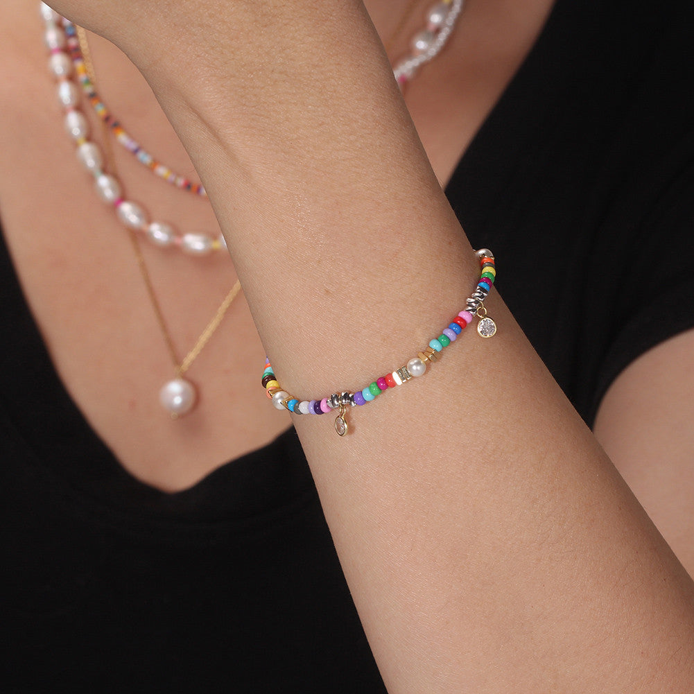 925 Sterling Silver Multicolor Shell Pearl Beaded Stylish Bracelet