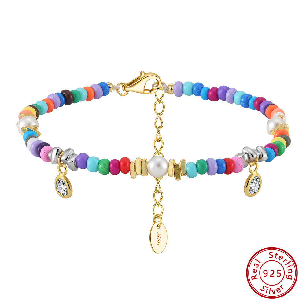 925 Sterling Silver Multicolor Shell Pearl Beaded Stylish Bracelet