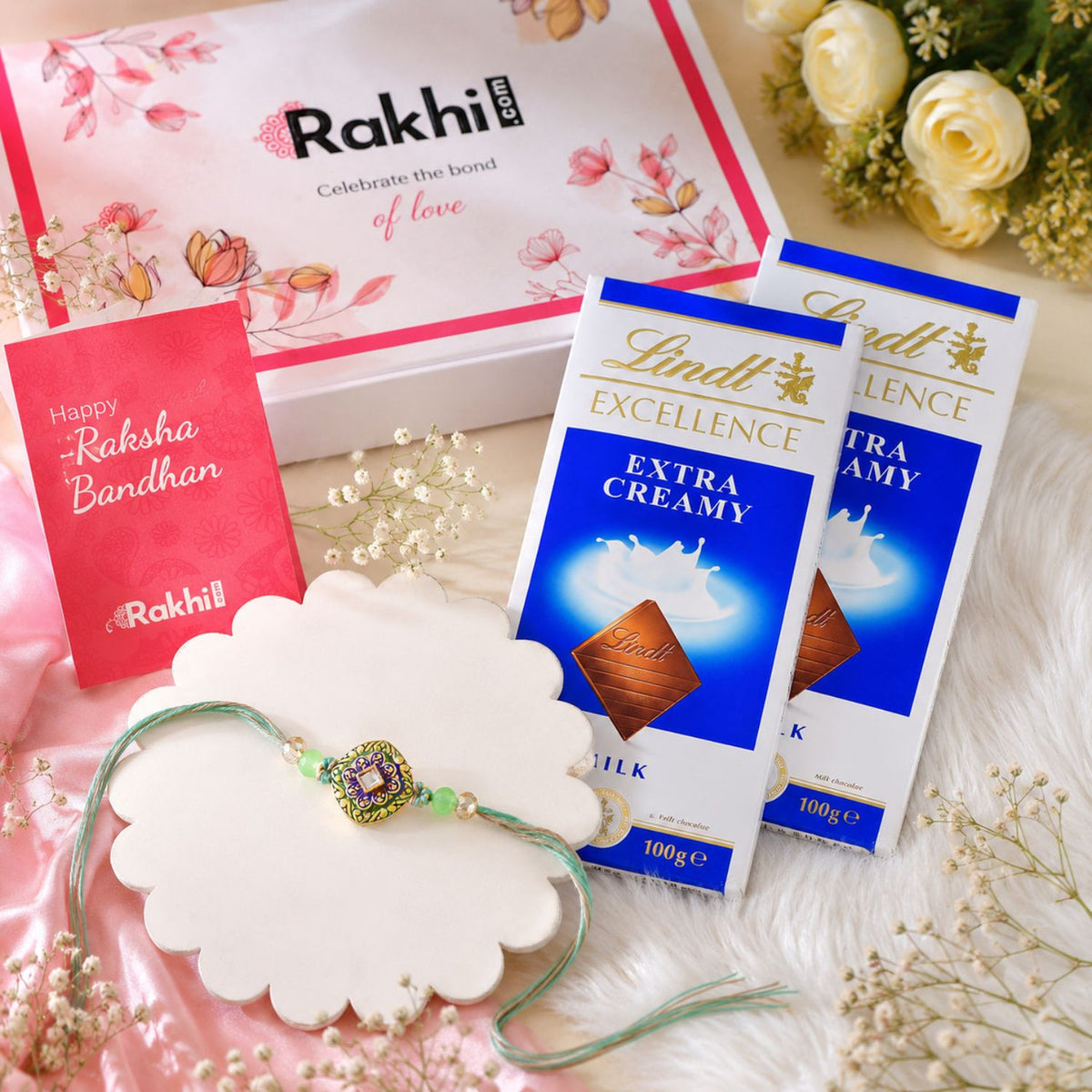 Handcrafted Meenakari Rakhi with  Lindt Extra Creamy Chocolates