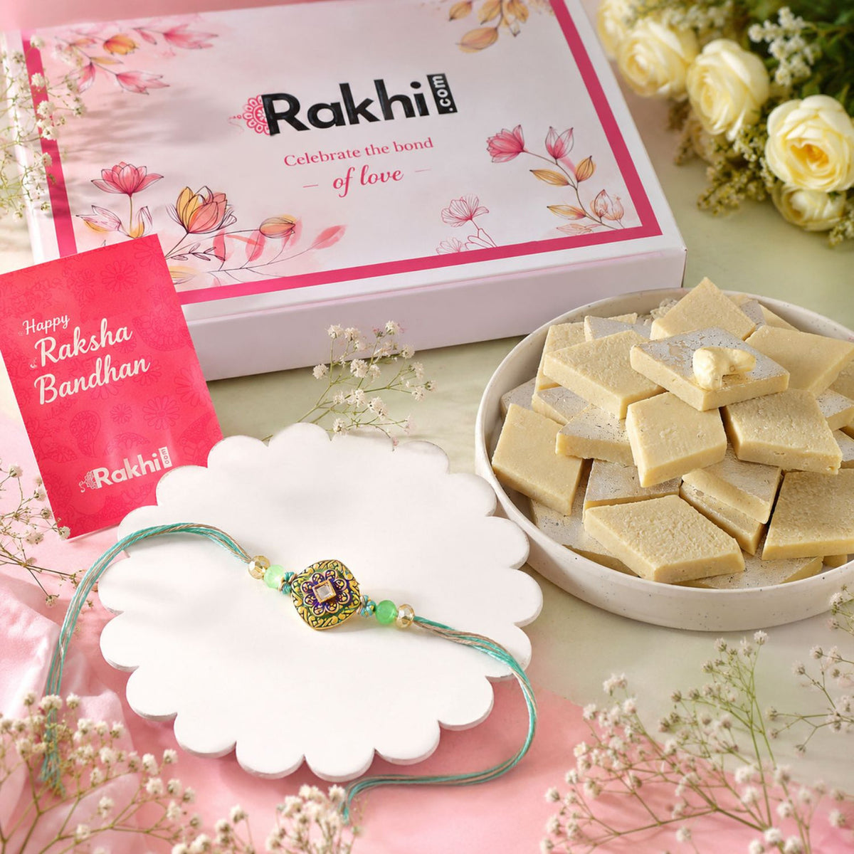 Handcrafted Meenakari Rakhi with Kaju Katli
