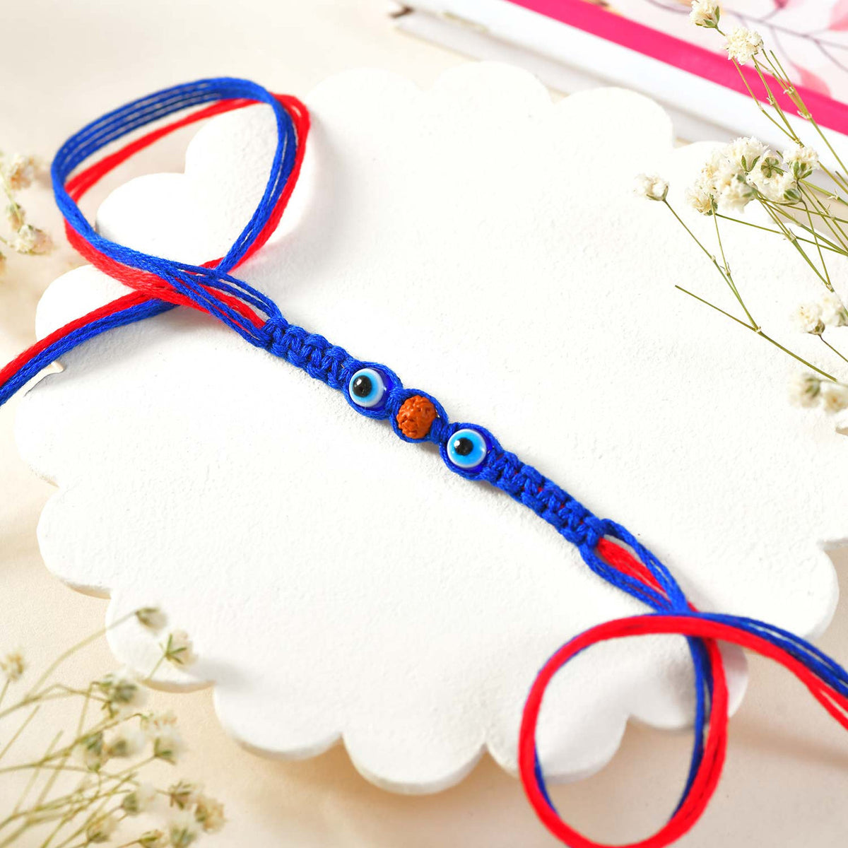 Blue & Orange Beaded Evil Eye Rakhi Set for Bhai