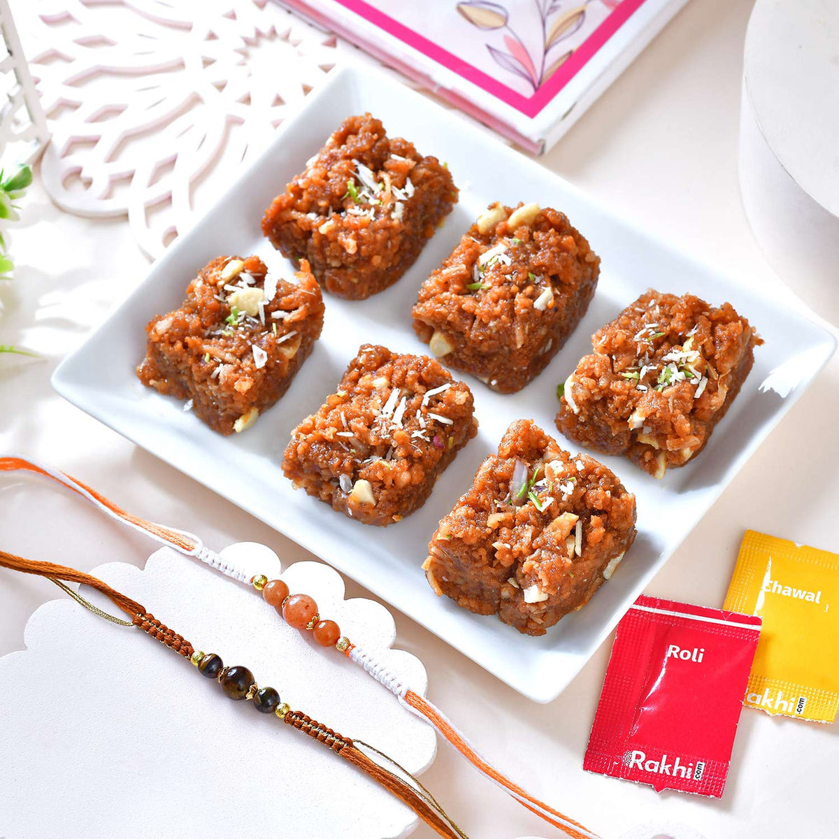 Elegant Set of 2 Beaded Rakhi with Doda Burfi