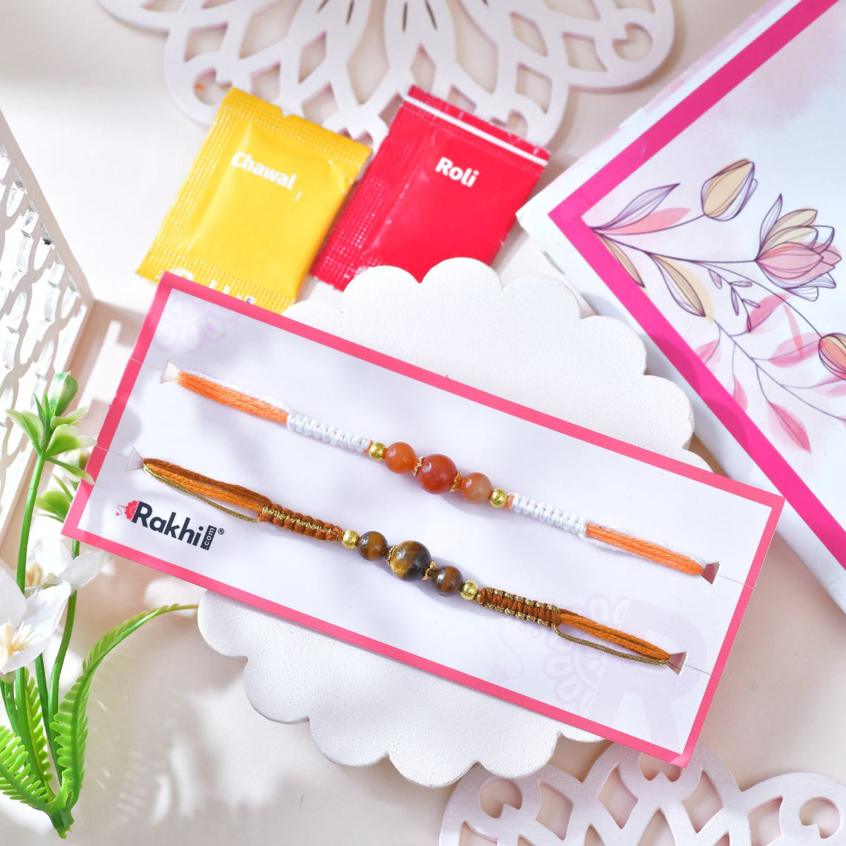 Elegant Set of 2 Beaded Rakhi with Tiger’s Eye and Peach Beads
