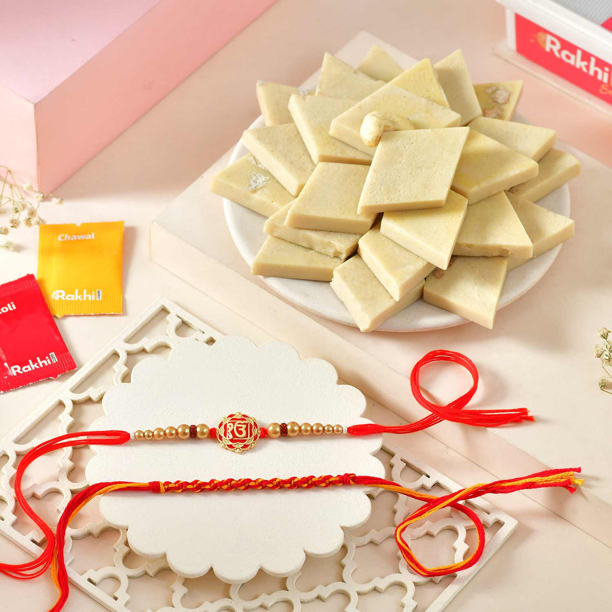 Set of 2 Rakhi with Kaju Katli
