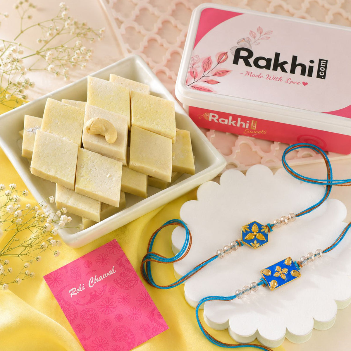 Set of 2 Designer Rakhi With Kaju Katli
