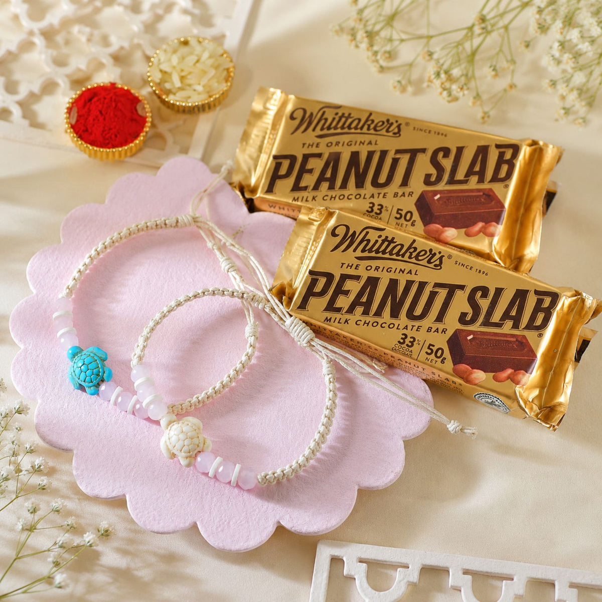 Turtle Rakhi Pair with Peanut Slab Chocolate Combo