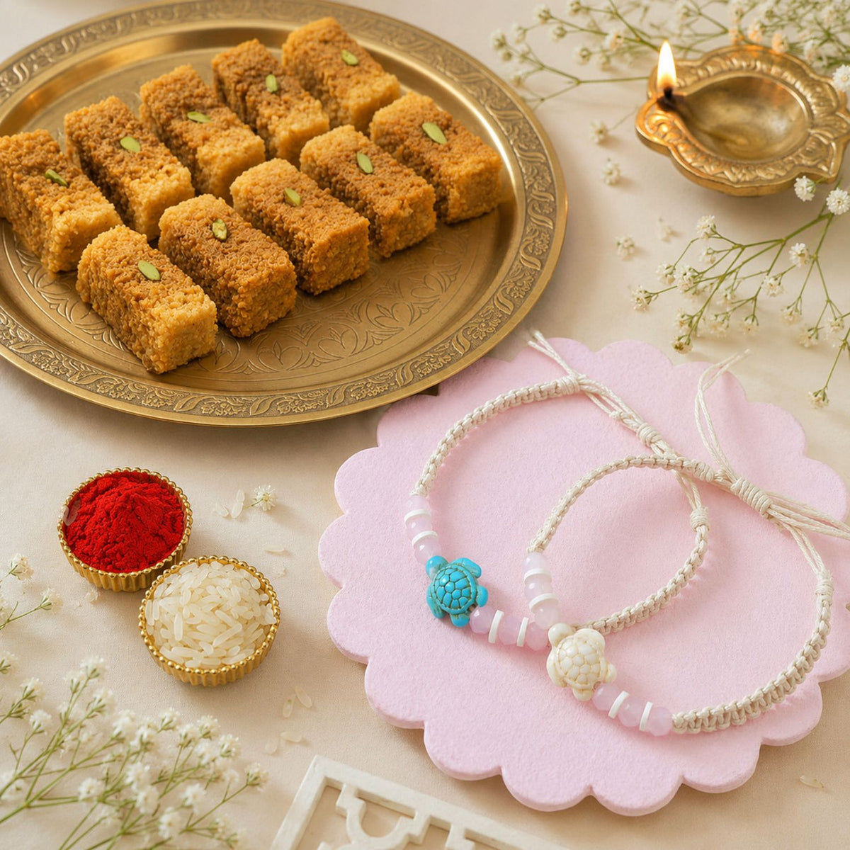 Turtle Rakhi Pair with Milk Cake Sweet