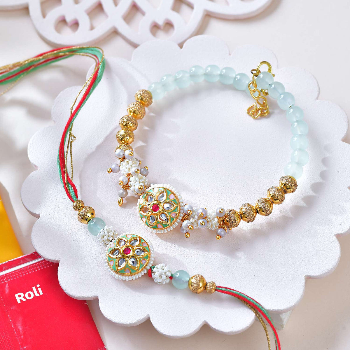 Exquisite Bhaiya Bhabhi Meenakari Rakhi Set with Kaju Katli