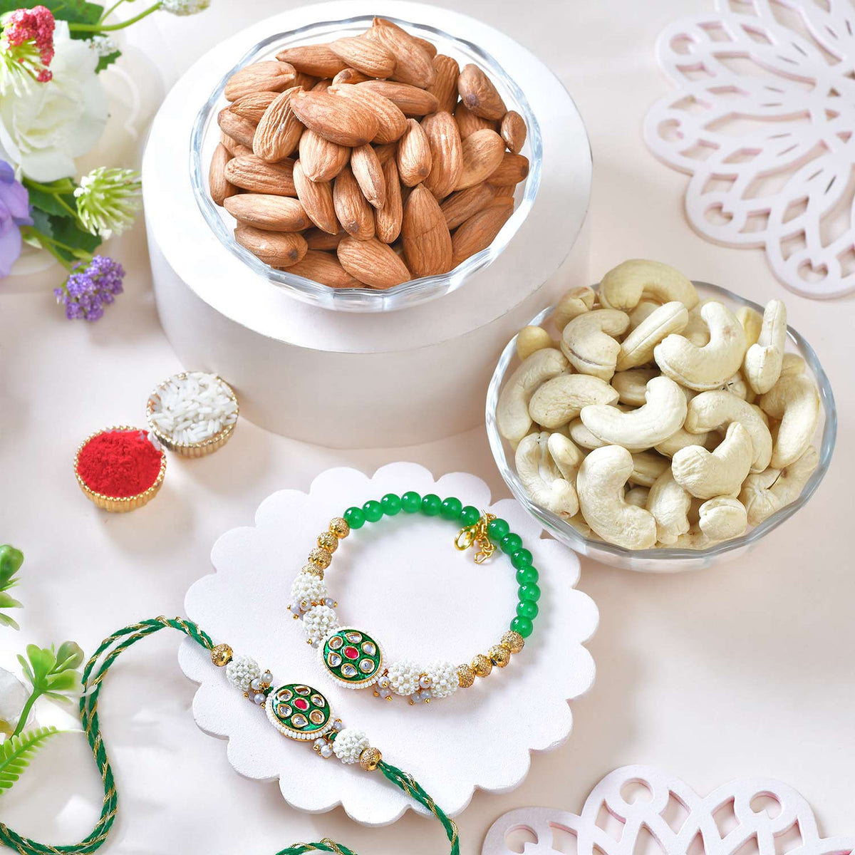 Royal Bhaiya Bhabhi Green Meenakari Rakhi Set with Almonds & Cashews