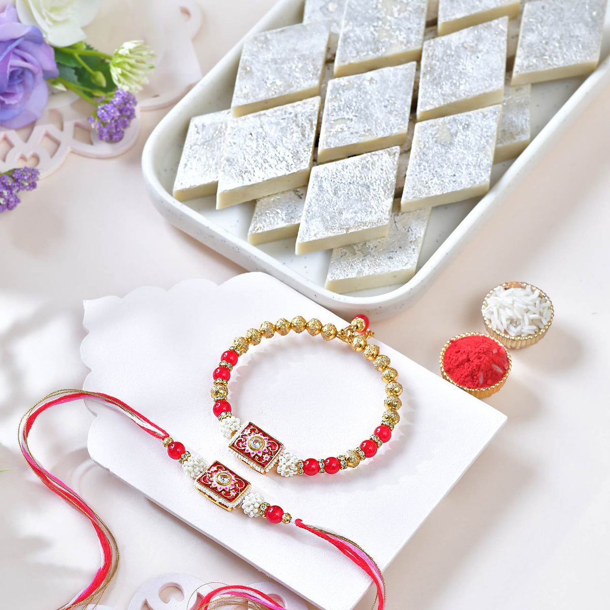 Elegant  Bhaiya Bhabhi Rakhi Combo with Kaju Katli