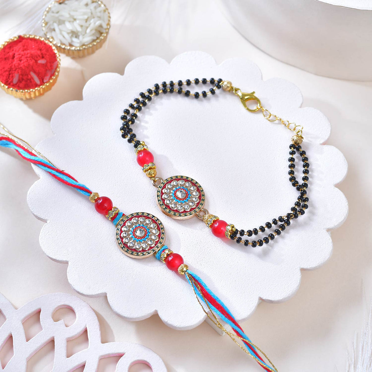 Designer Rakhi & Bracelet Combo with Kaju Katli