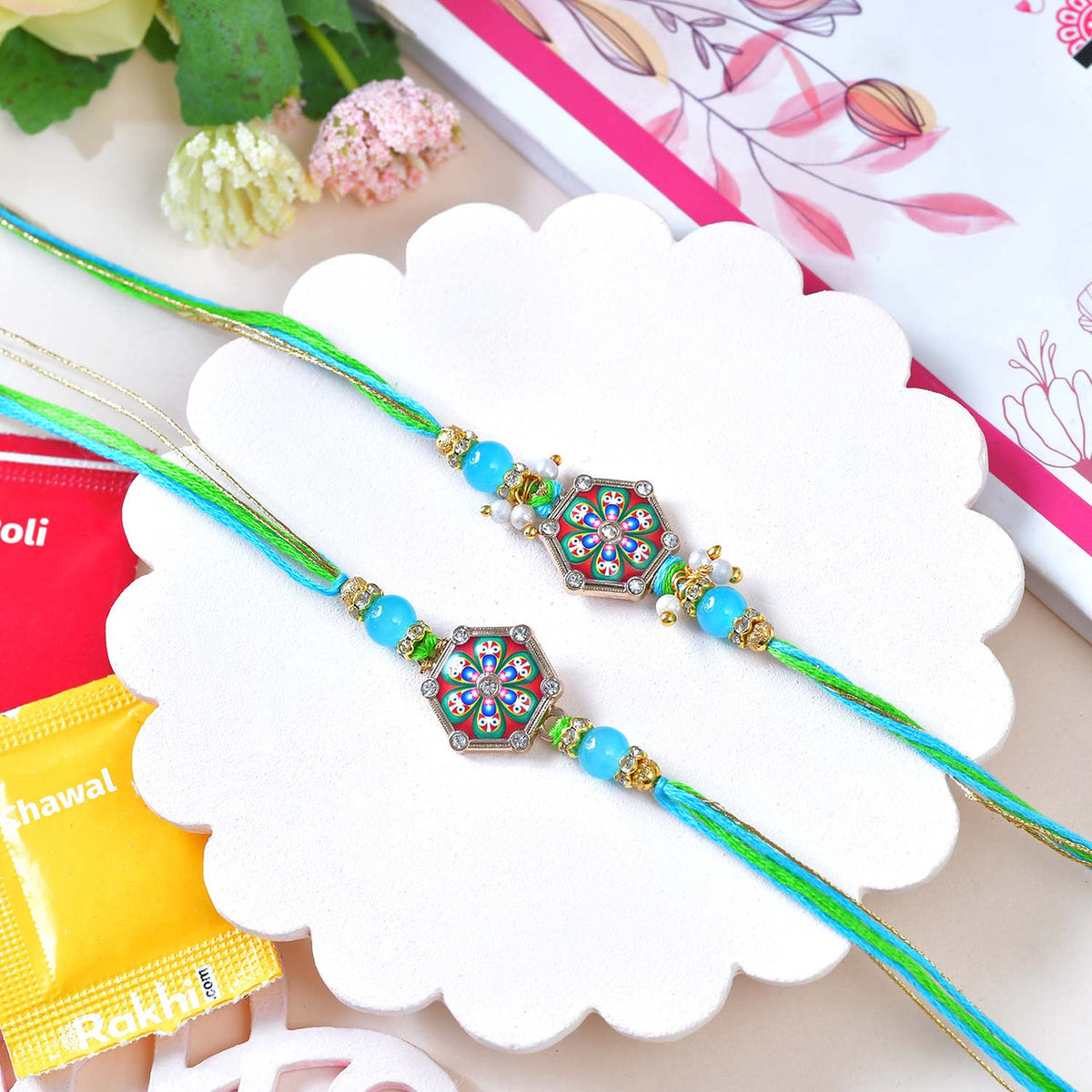 Set of 2 Designer Rakhis with Besan Ladoo