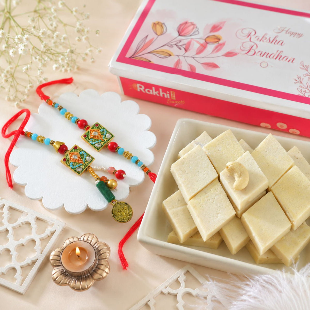 Exquisite Bhaiya Bhabhi Rakhi With Kaju Katli