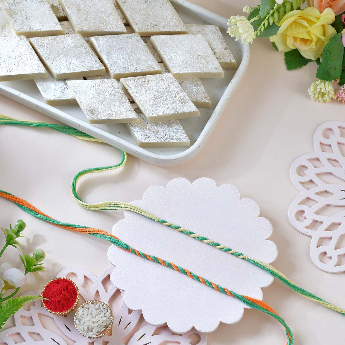 Set of 2 Multicolor Mauli Rakhis with Kaju Katli
