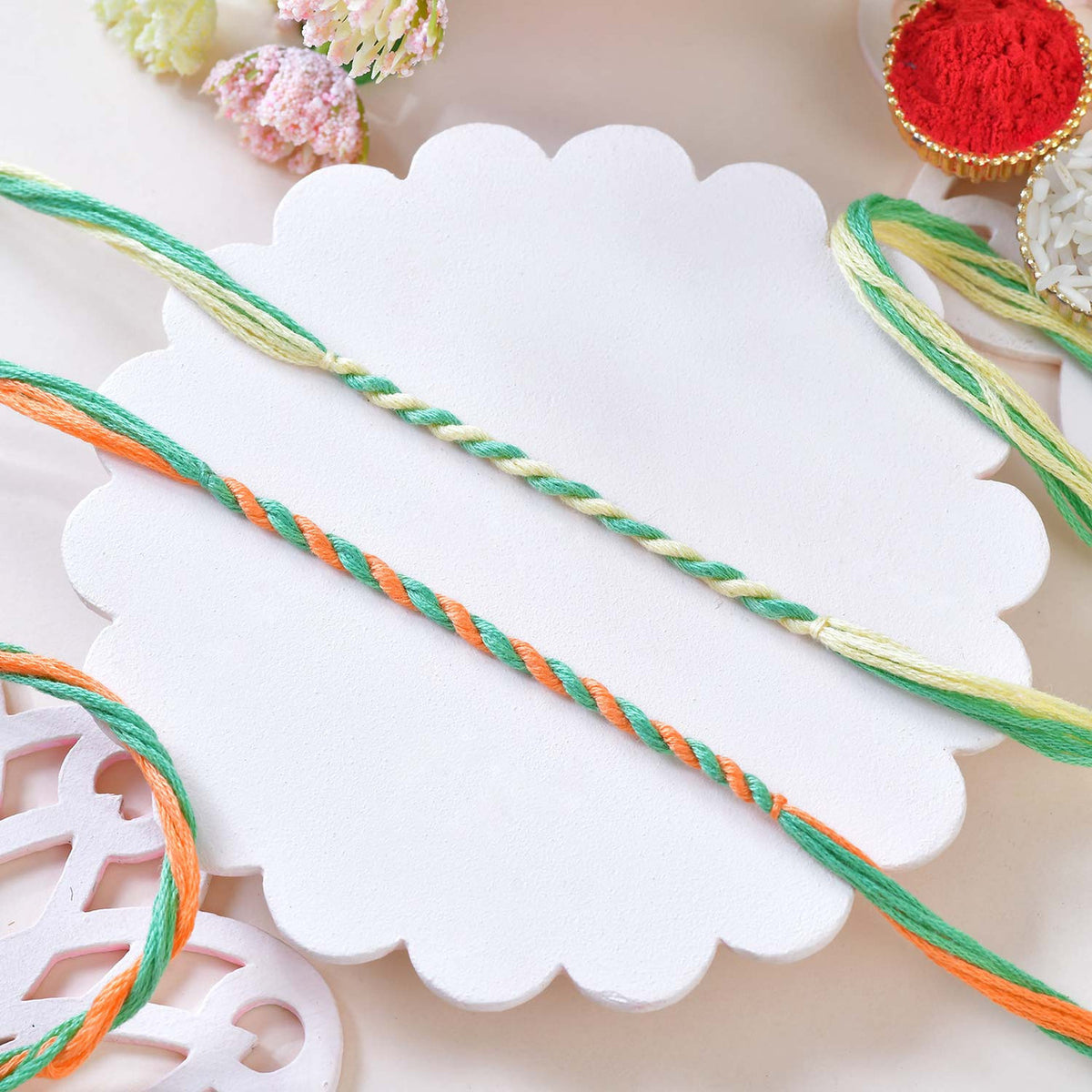 Set of 2 Multicolor Mauli Rakhis with Kaju Katli