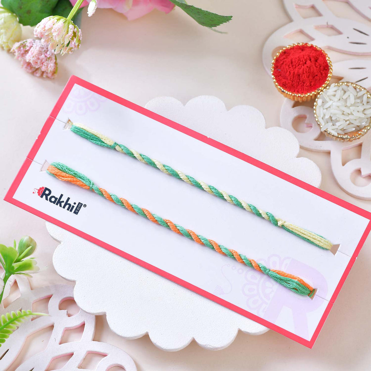 Set of 2 Multicolor Mauli Rakhis with Kaju Katli