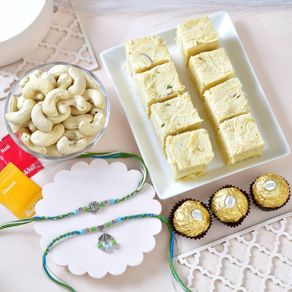 Designer Rakhi Gift Hamper with Soan Papdi, Cashews & Ferrero Rocher