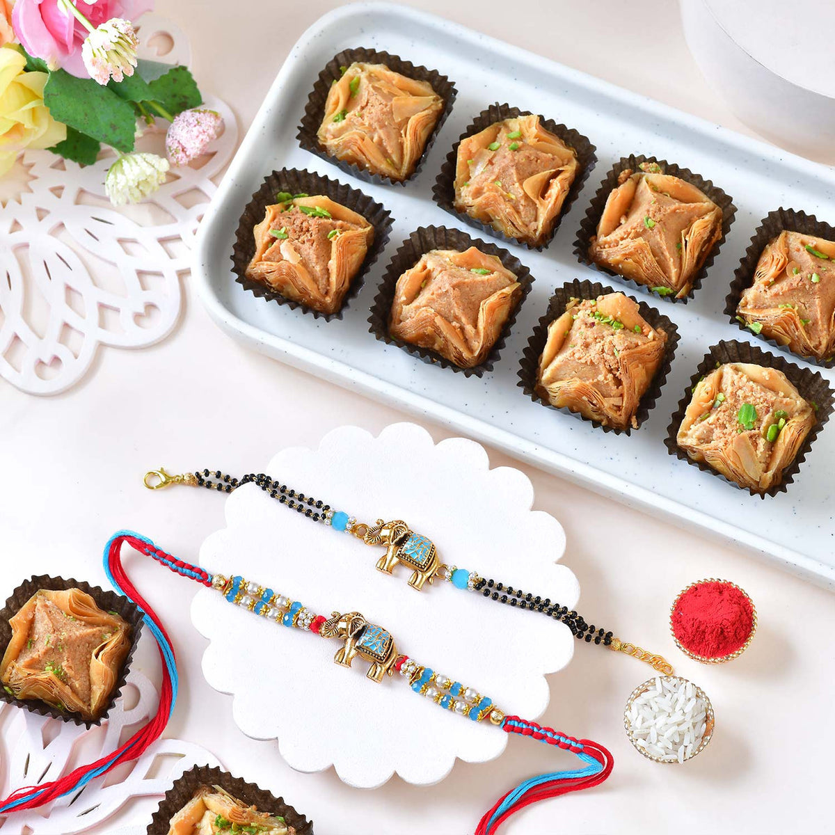 Royal Elephant Rakhi & Bracelet Combo with Baklawa Sweet