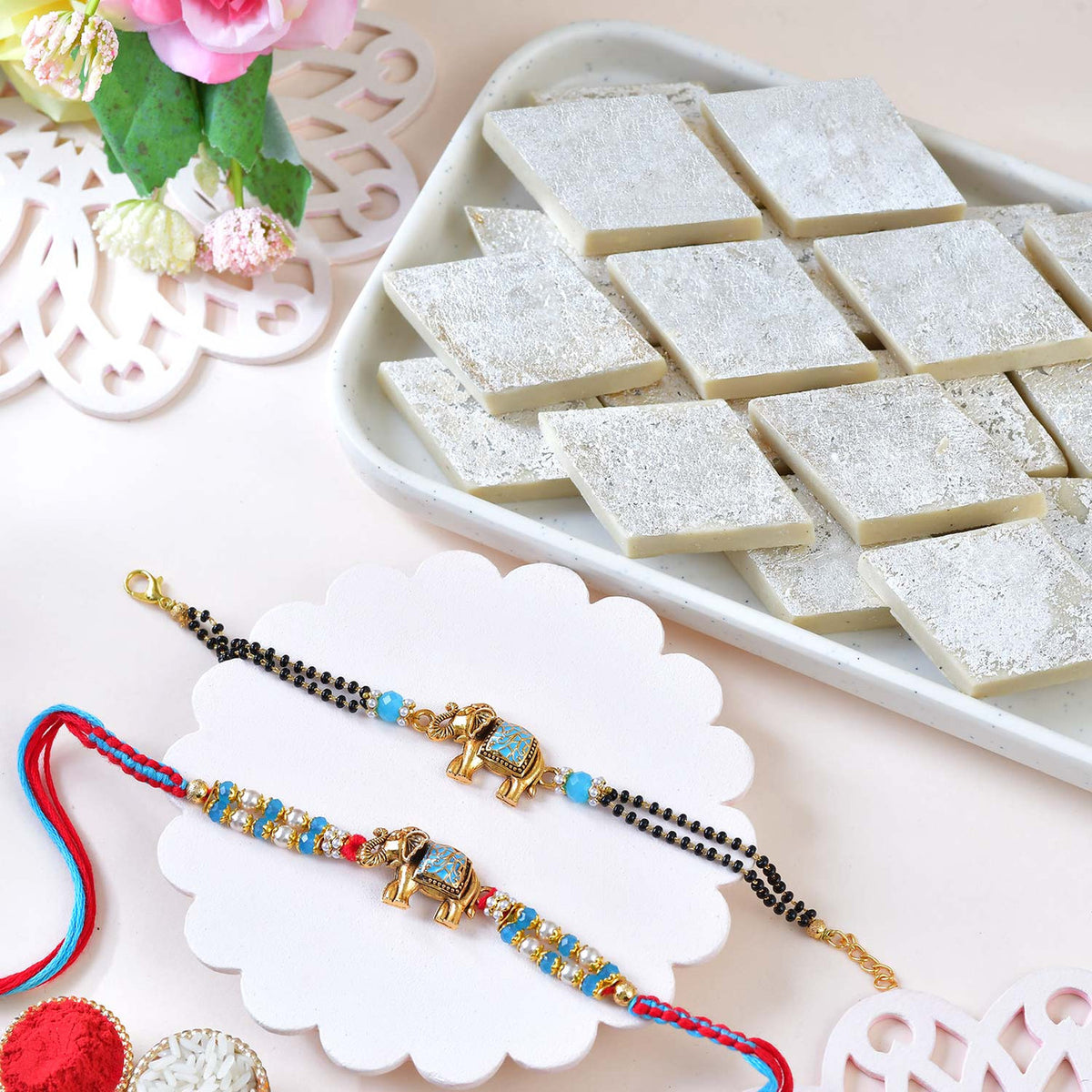 Royal Elephant Rakhi & Bracelet Combo with Kaju Katli