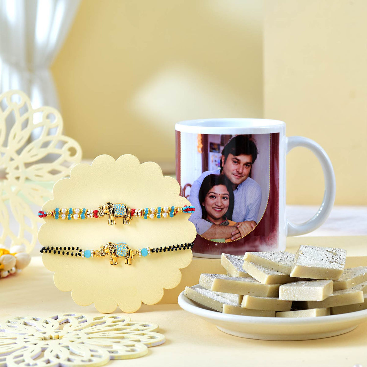 Personalized Mug with Kaju Katli & Designer Bhai-Bhabhi Rakhi Set