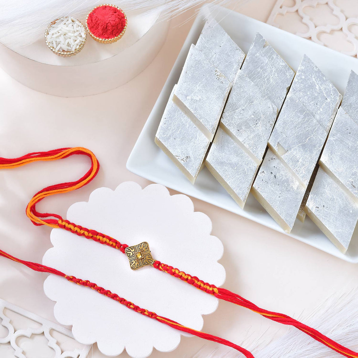 Traditional Designer Rakhi Set with Kaju Katli