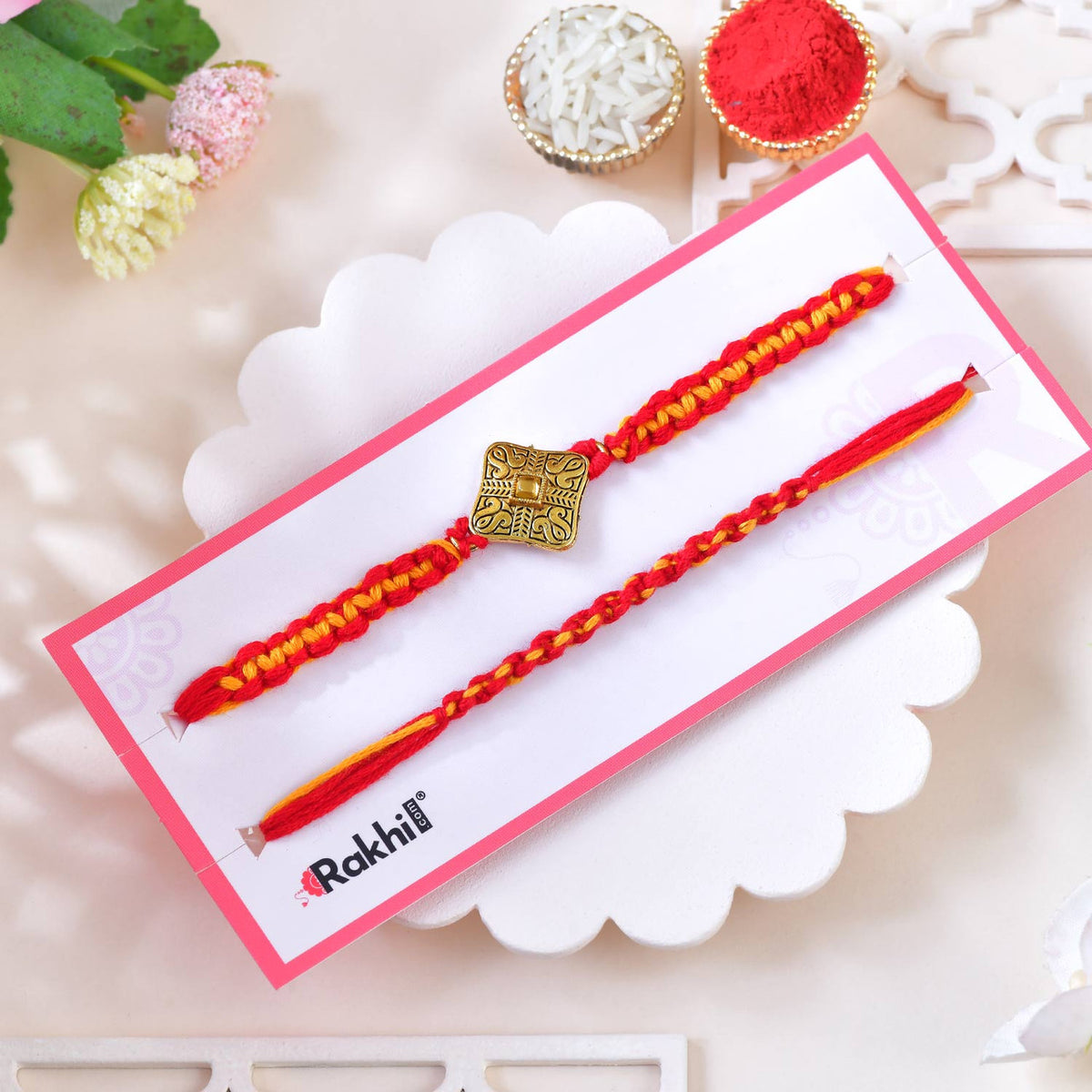 Traditional Red-Orange Designer Rakhi Set