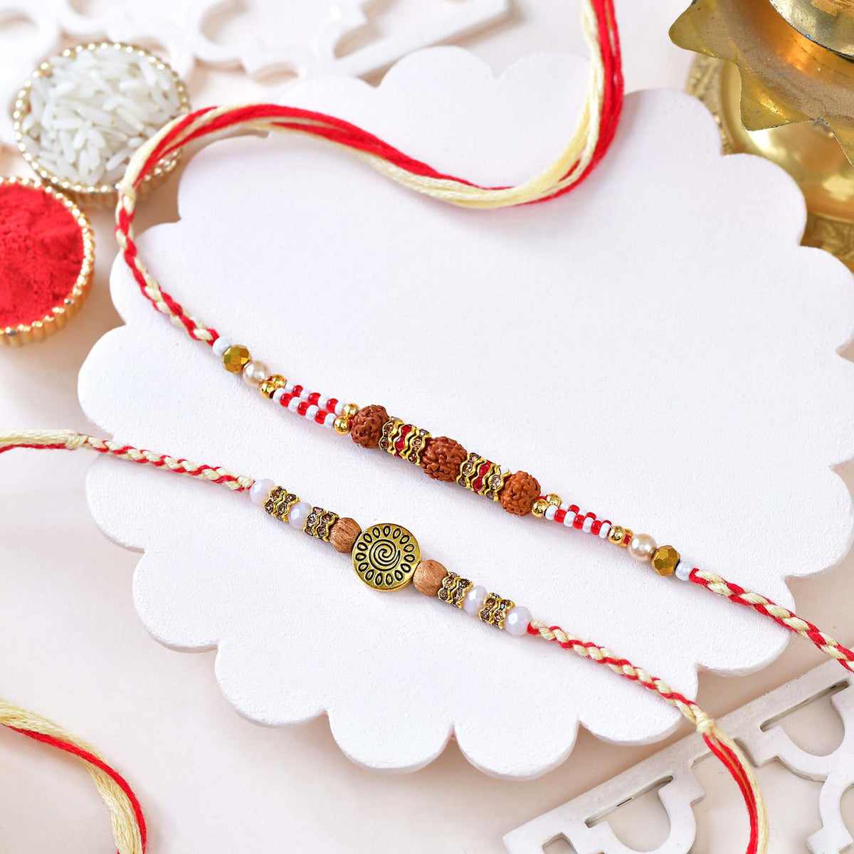 Sacred Rudraksha Rakhi Set with Milk Cake