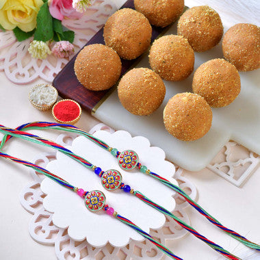 Set of 3 Ethnic Rakhi with Besan Laddoo