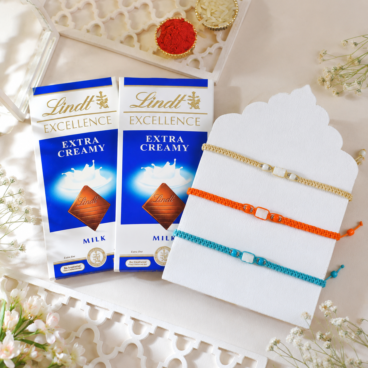 Lindt Extra Creamy Chocolate Trio Rakhi Set