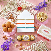 Trio Rakhi Delight Hamper with Ferrero, Besan Laddoo & Cashews