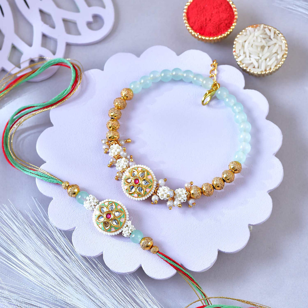 Designer Bhaiya Bhabhi Rakhi Set with Bracelet & Rudraksha Rakhi
