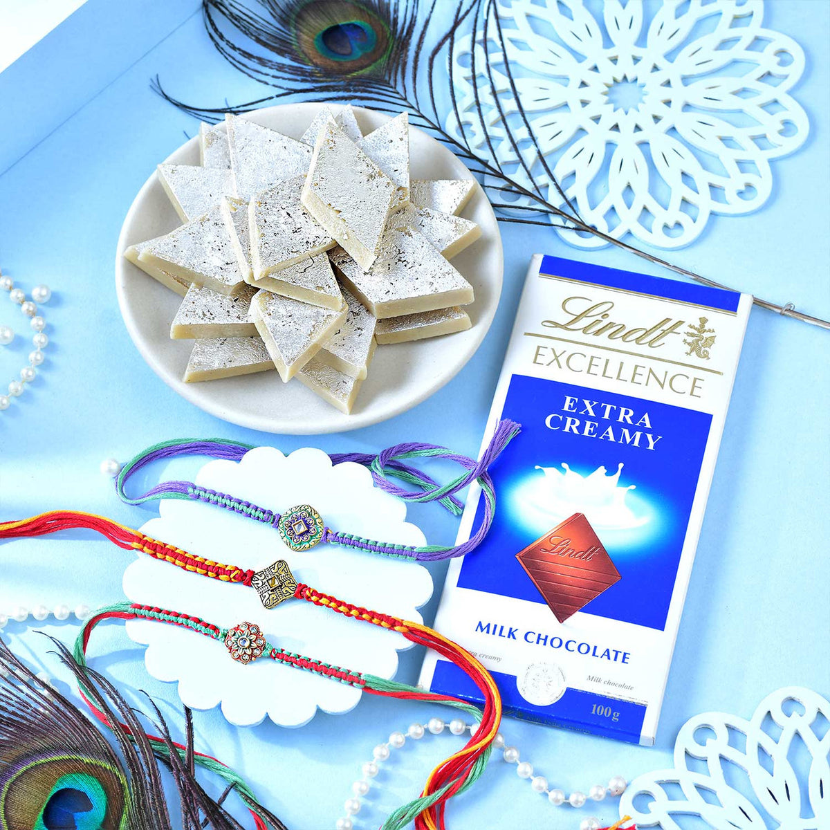 Designer Rakhi Trio with Lindt Chocolate & Kaju Katli