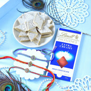 Designer Rakhi Trio with Lindt Chocolate & Kaju Katli