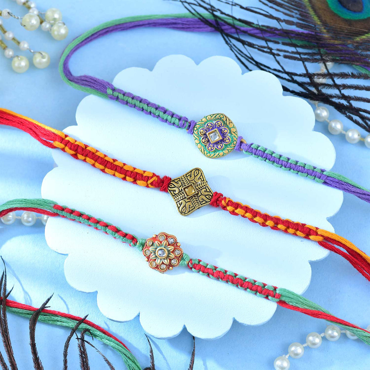 Designer Rakhi Trio with Lindt Chocolate & Kaju Katli