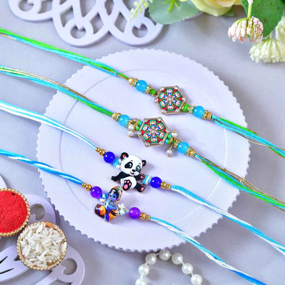 Elegant Meenakari & Kids Character 4pc Family Rakhi Set