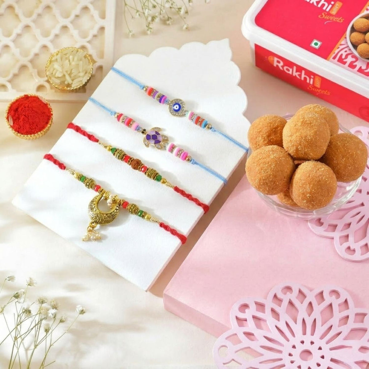 Festive Rakhi Family Set with Besan Laddoo