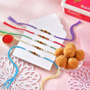 Set of 5 Rudraksha & Pearl Designer Rakhi Collection with Besan Laddoo