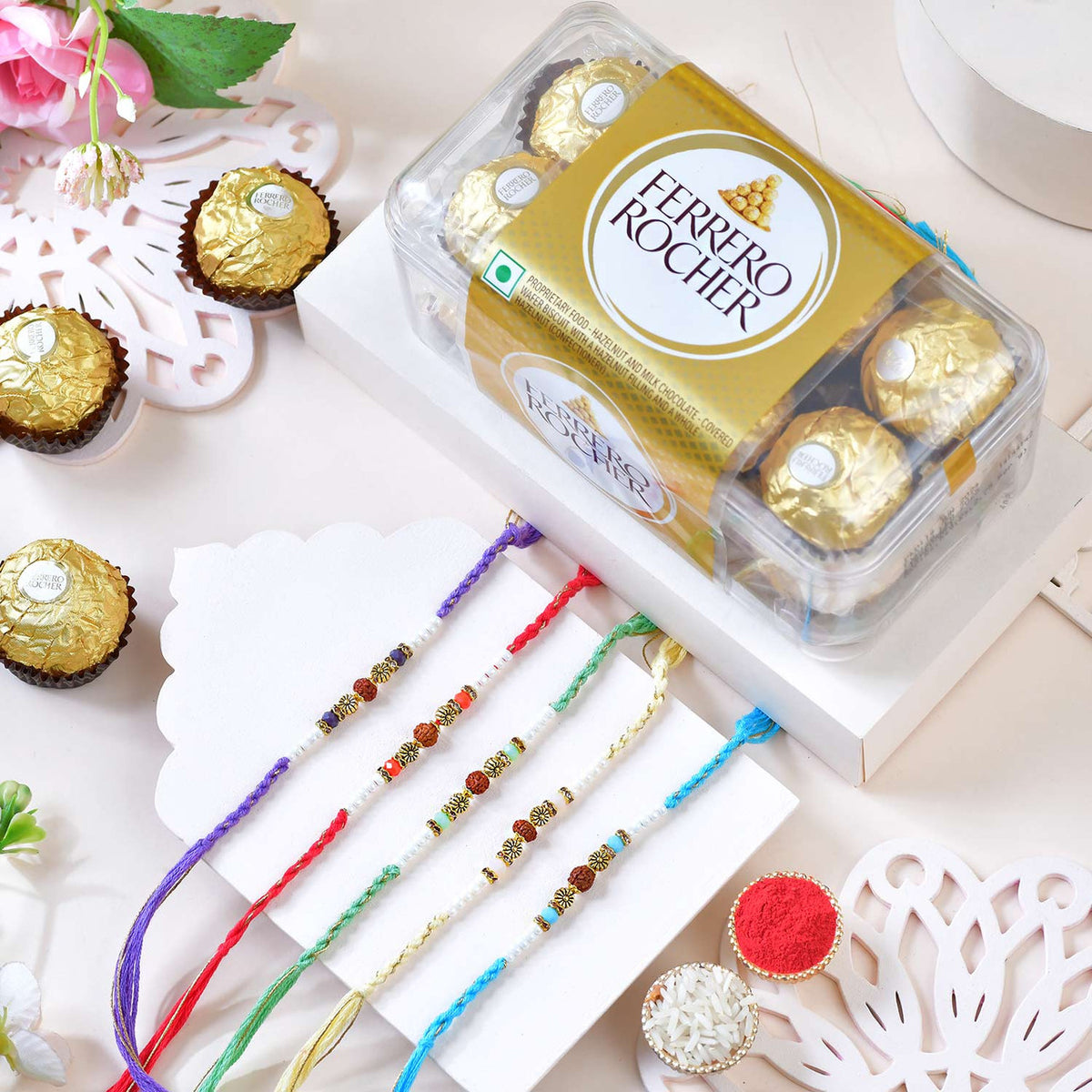 Set of 5 Rudraksha & Pearl Designer Rakhi with Ferrero Rocher
