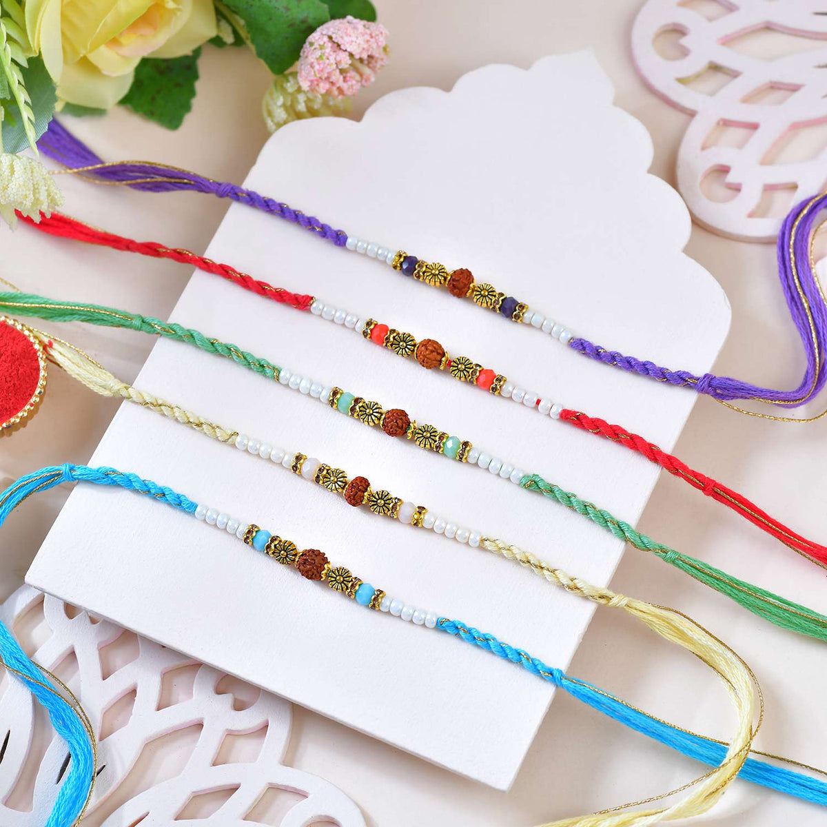 Set of 5 Rudraksha & Pearl Designer Rakhi with Ferrero Rocher