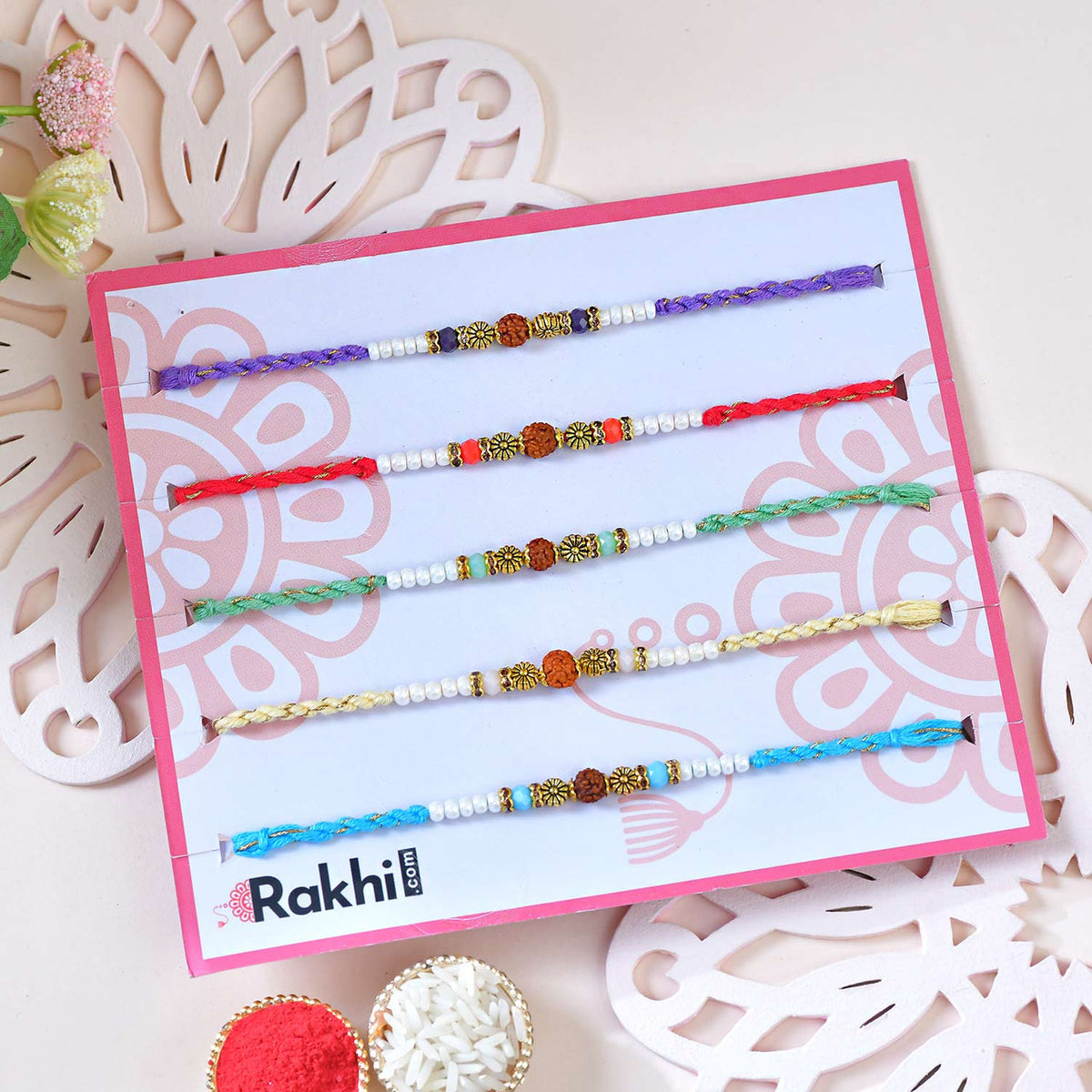 Set of 5 Rudraksha & Pearl Designer Rakhi Collection